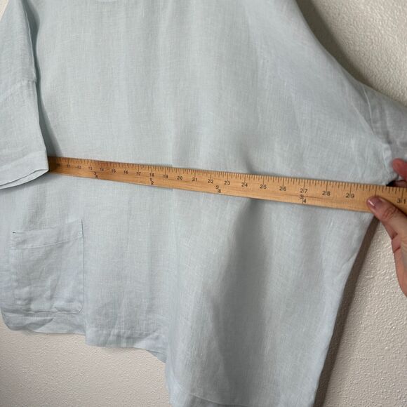 Eskandar Light Blue Boxy Linen Short Sleeve Front Pocket Round Neck Blouse Top 6 - Picture 11 of 12